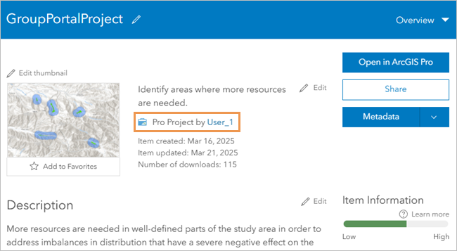 Portal project item page in a browser window